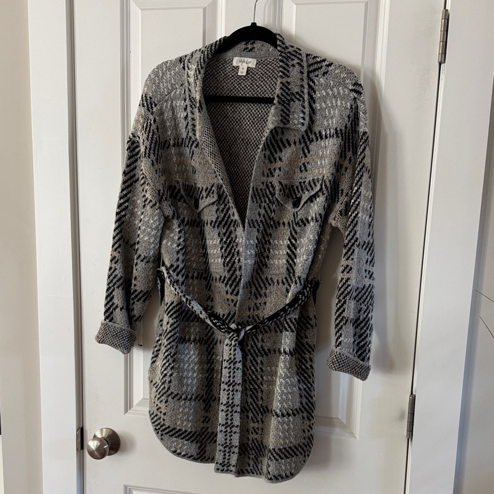 Style & Co. Gray and Black Plaid Knit Belted Cardigan